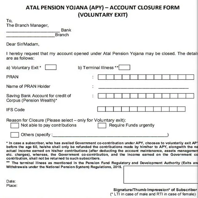 Atal Pension Yojana Closure Form Pdf Apy Closure Form Pdf Download