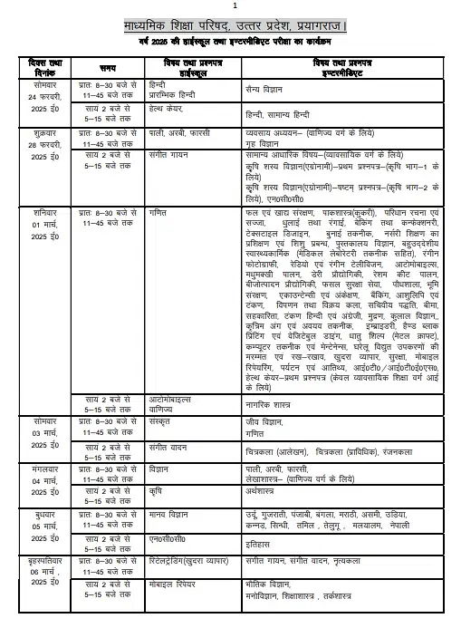 up board exam date sheet 2025 10th 12t exam scheme up board 2025 exam